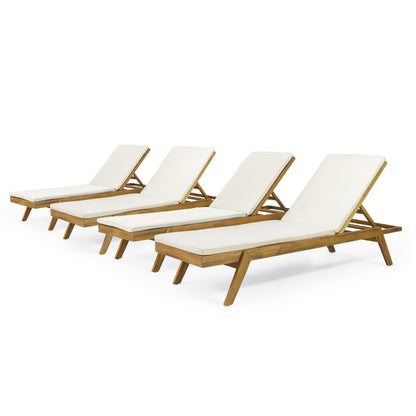 Larimore Outdoor Acacia Wood Chaise Lounge with Water Resistant Cushions, Set of 4
