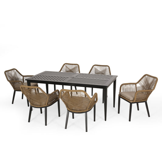 Fromberg Outdoor Wicker 7 Piece Dining Set with Cushion, Matte Black, Light Brown, and Beige