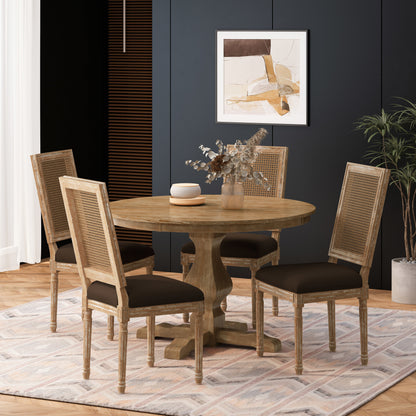 Merlene French Country Fabric Upholstered Wood and Cane 5 Piece Circular Dining Set