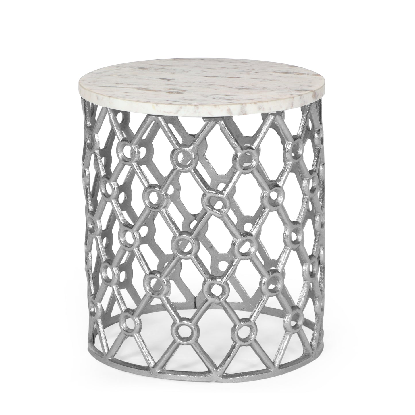 Gieke Modern Glam Handcrafted Marble Top Aluminum Side Table, Nickel and White