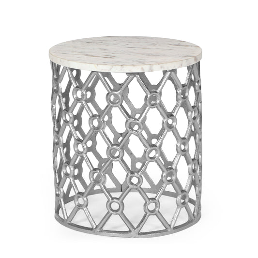 Gieke Modern Glam Handcrafted Marble Top Aluminum Side Table, Nickel and White