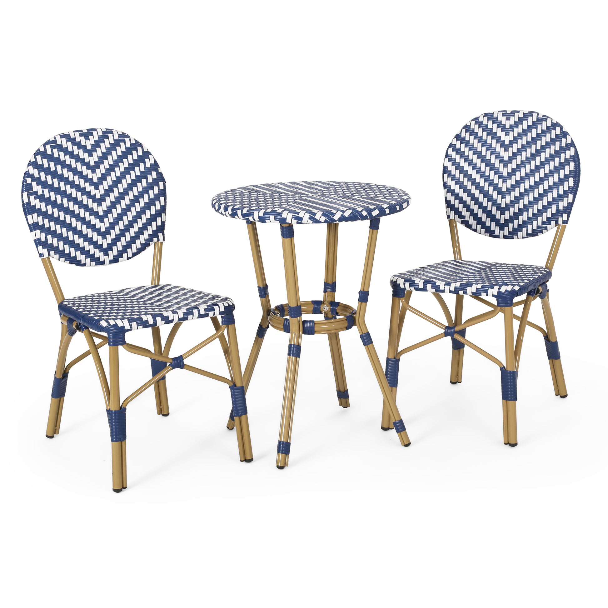 Deshler Outdoor Aluminum French Bistro Set, Navy Blue, White, and