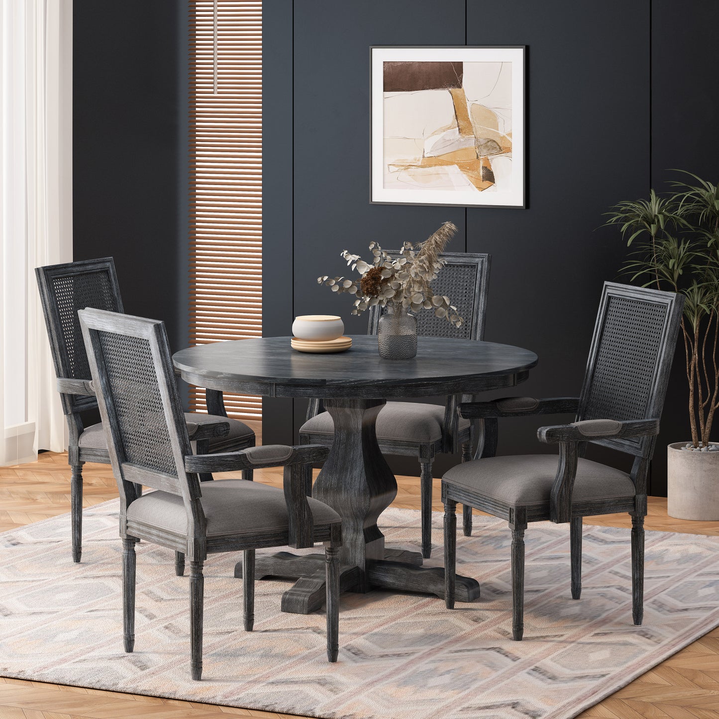 Joretta French Country Fabric Upholstered Wood and Cane 5 Piece Circular Dining Set