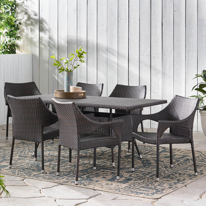 Clayton Outdoor 7 Piece Multi-Brown Wicker Dining Set with Metal Tipped Legs
