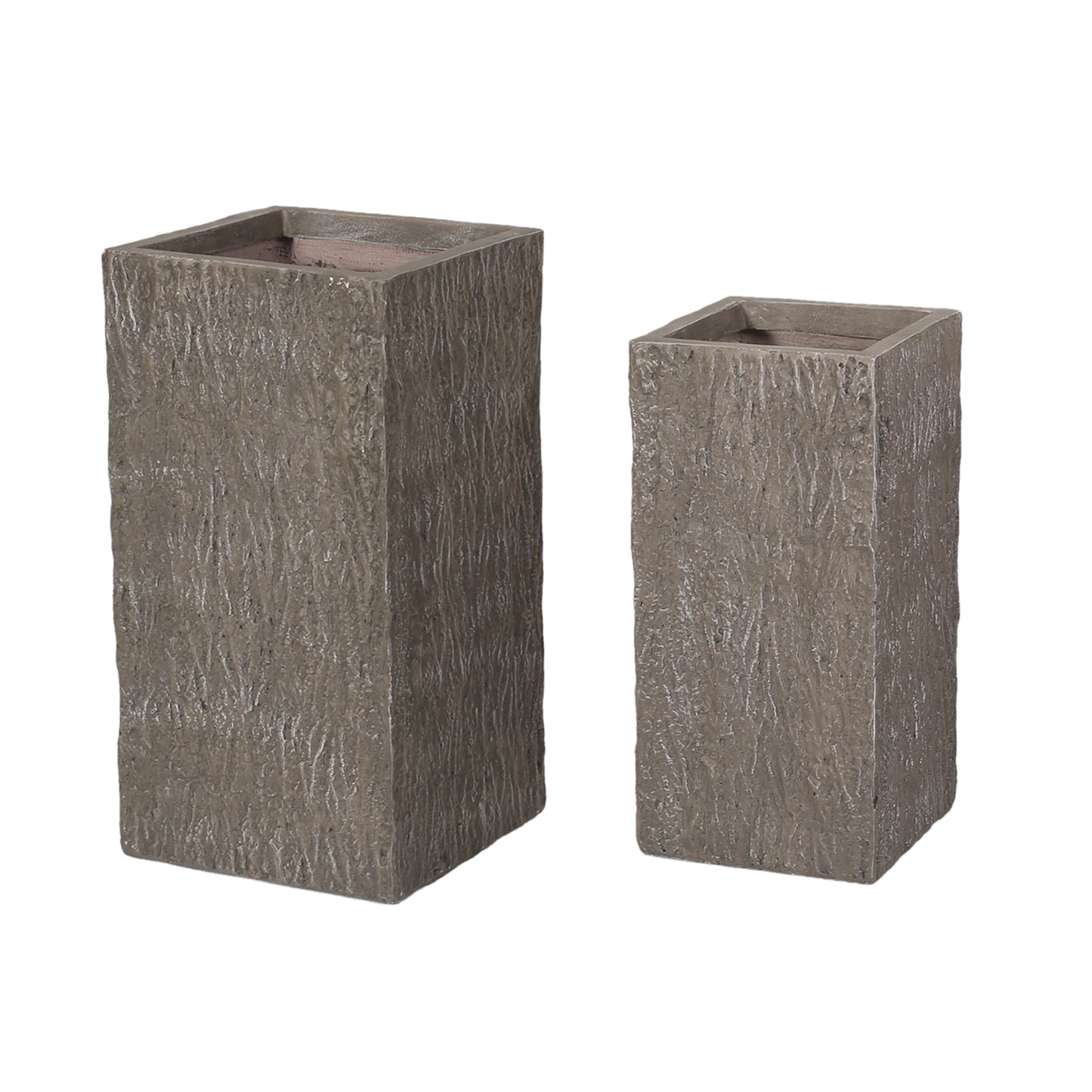 Berkamn Outdoor Large and Medium Cast Stone Planters, Set of 2, Brown Wood
