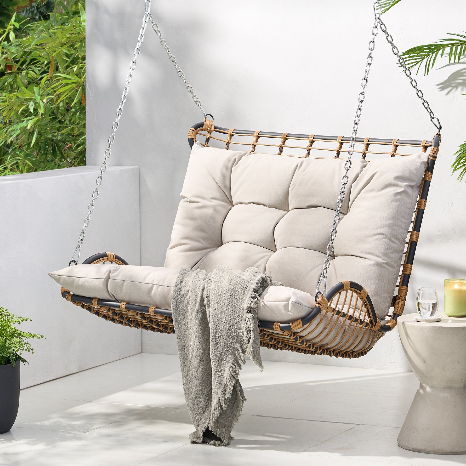 Matthew Outdoor Wicker Porch Swing with Cushions – GDFStudio
