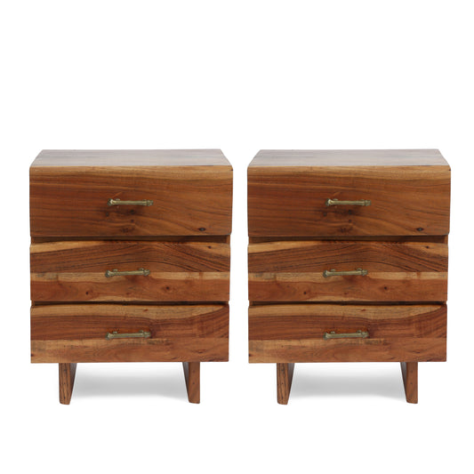 Tift Terrell Handcrafted Boho Acacia Wood 3 Drawer Nightstand, Set of 2