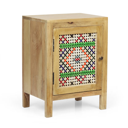 Reser Boho Handcrafted Mango Wood Nightstand with Wool Accents, Natural and Multi-Colored