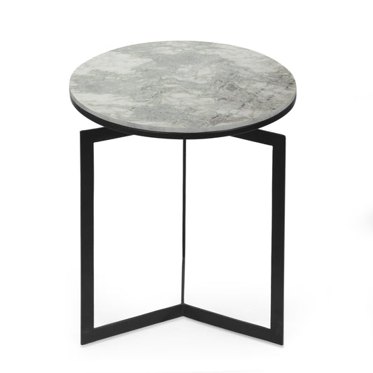 Pertica Modern Glam Handcrafted Marble Top Side Table, Natural White and Black