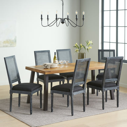Whitten Farmhouse Fabric Upholstered Wood and Cane 7 Piece Dining Set