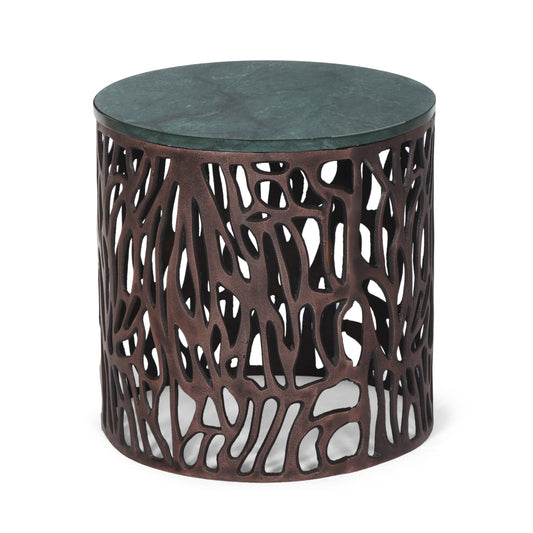 Glenmont Boho Handcrafted Aluminum Side Table with Marble Top, Green and Bronze