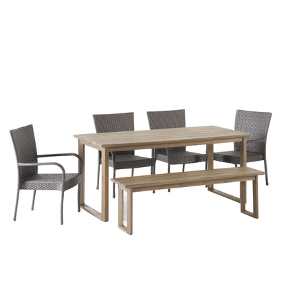 Conifer Outdoor Acacia Wood and Wicker 6 Piece Dining Set with Bench