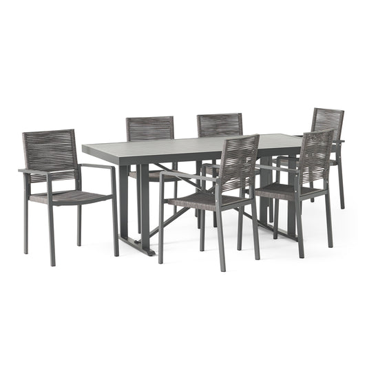 Aponaug Outdoor Modern Industrial Aluminum 7 Piece Dining Set with Rope Seating