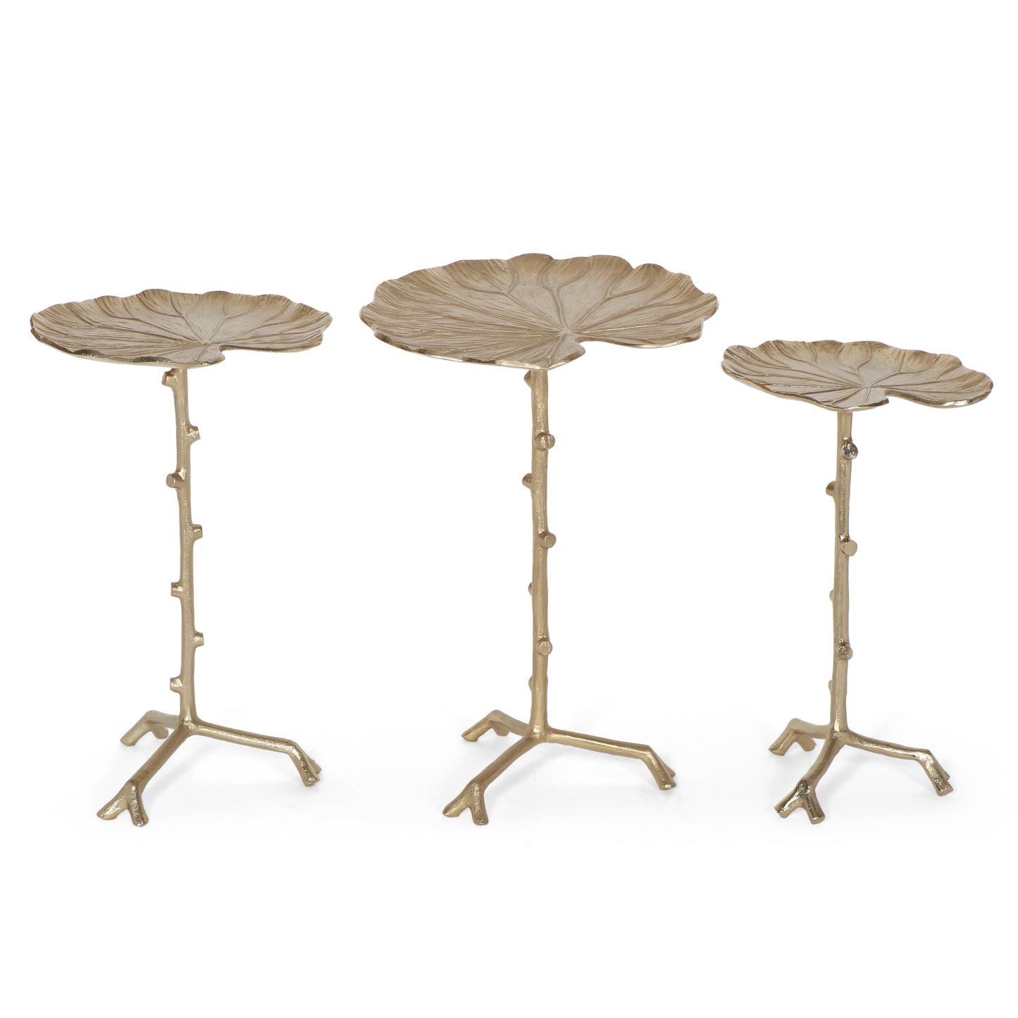 Malinta Boho Glam Handcrafted Aluminum Lily Pad Side Tables (Set of 3), Antique Gold