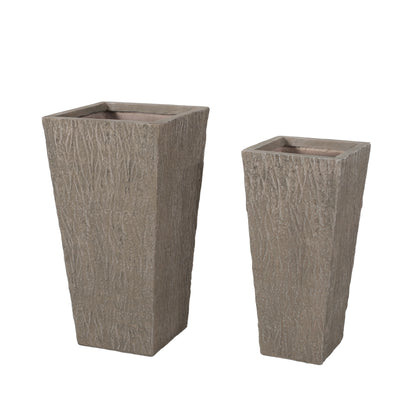 Mistler Outdoor Large and Medium Cast Stone Planters, Set of 2, Brown Wood