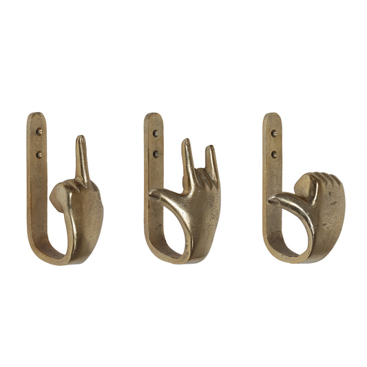 Denison Handmade Aluminum Hand Gesture Coat Hooks (Set of 3), Raw Gold