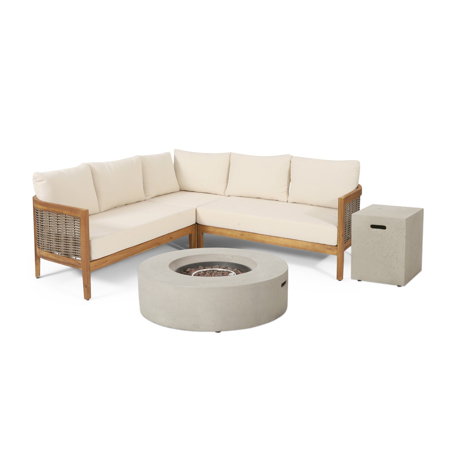 The Crowne Collection Outdoor Acacia Wood and Round Wicker 5 Seater Sectional Sofa Chat Set with Fire Pit