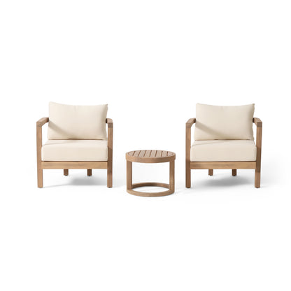 Aston Outdoor Acacia Wood 3 Piece Chat Set with Cushions, Beige and Brown Wash