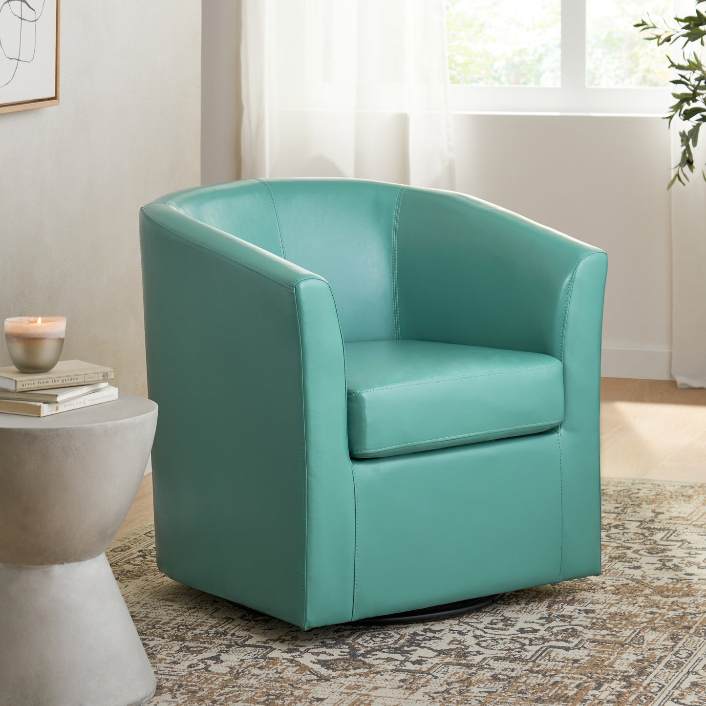 Corley Modern Upholstered Faux Leather Swivel Barrel Club Chair