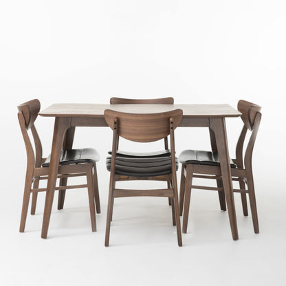 Katherine Mid Century Modern Wood Upholstered 5-Piece Dining Set, Walnut and Dark Brown