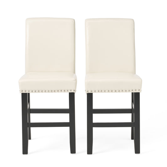 Jazzman Contemporary Bonded Leather Upholstered 26 Inch Counter Stools with Nailhead Trim, Set of 2, Ivory and Matte Black