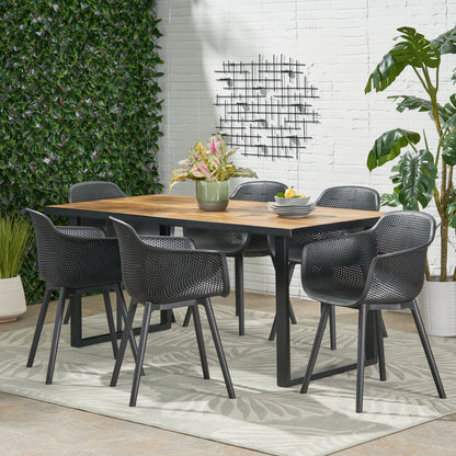 Barbados Outdoor Wood and Resin 7 Piece Dining Set, Black and Teak