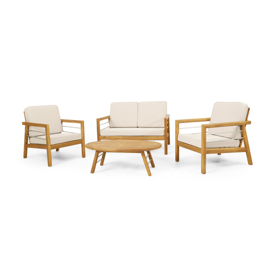 Lindsey Outdoor Acacia Wood 4 Seater Chat Set with Cushions, Beige and Teak