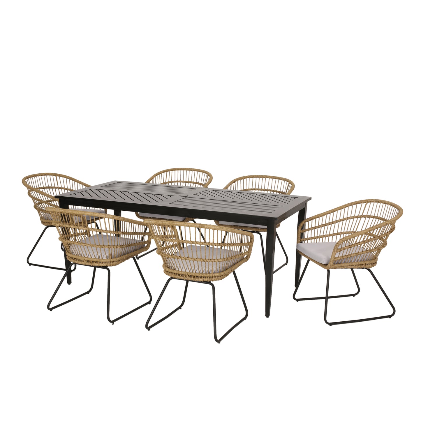 Bernay Outdoor Wicker and Aluminum 7 Piece Dining Set with Cushion, Light Brown, Beige, and Black