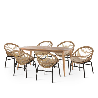 Waldron Outdoor Wicker and Acacia Wood 7 Piece Dining Set with Cushion, Light Brown, Beige, and Teak