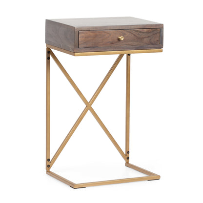 Darke Rustic Glam Handcrafted Acacia Wood C-Shaped Side Table, Dark Brown and Gold