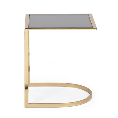 Corral Modern Glam Handcrafted Glass Top C-Shaped Side Table, Black and Brass