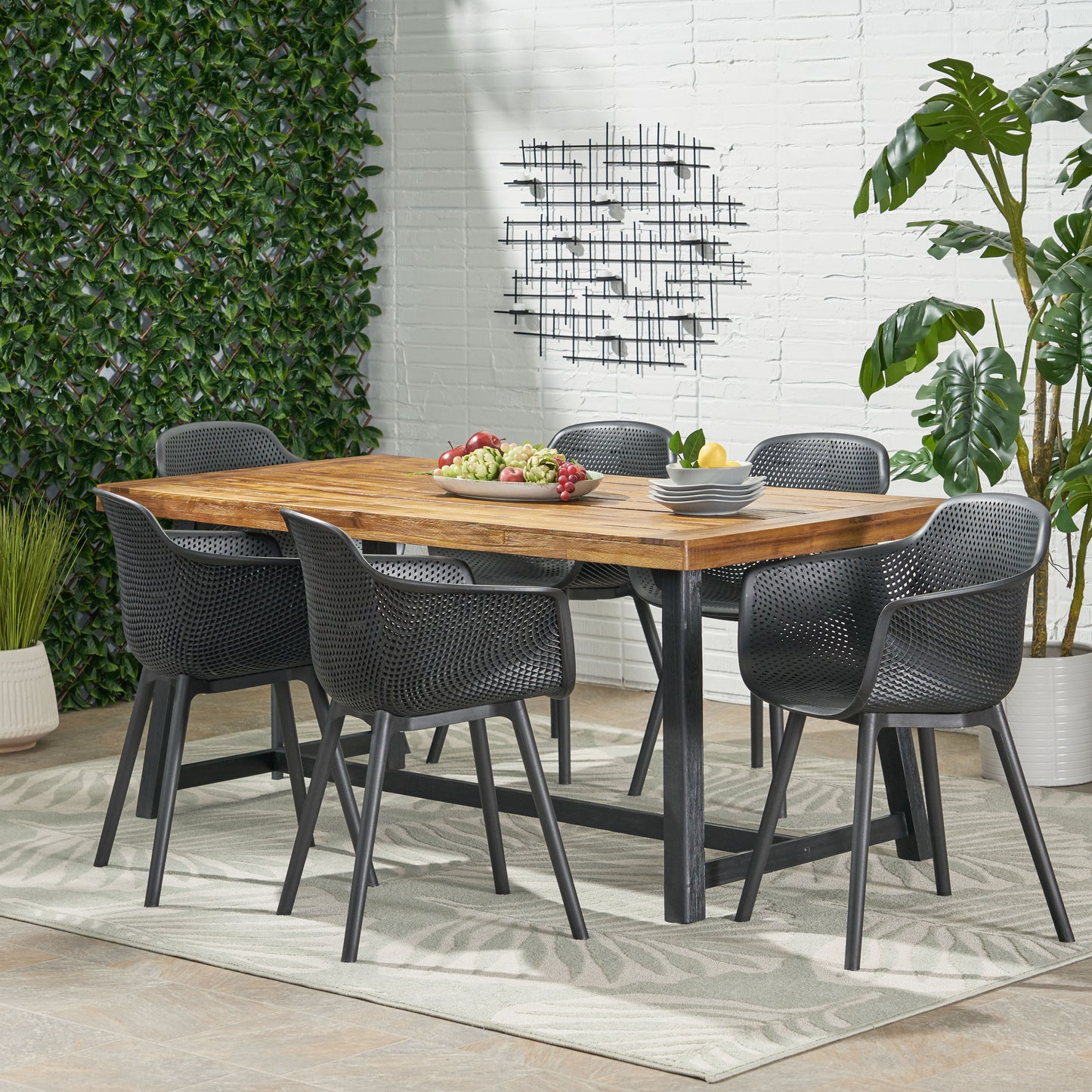 Trinity Outdoor Wood and Resin 7 Piece Dining Set, Black and Sandblasted Teak