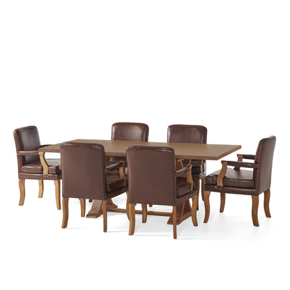 Combes French Country Fabric Upholstered Wood and Cane 7 Piece Expandable Dining Set