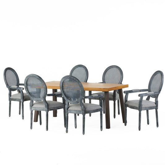 Trillium Farmhouse Fabric Upholstered Wood and Cane 7 Piece Dining Set, Natural, Rustic Metal, and Gray