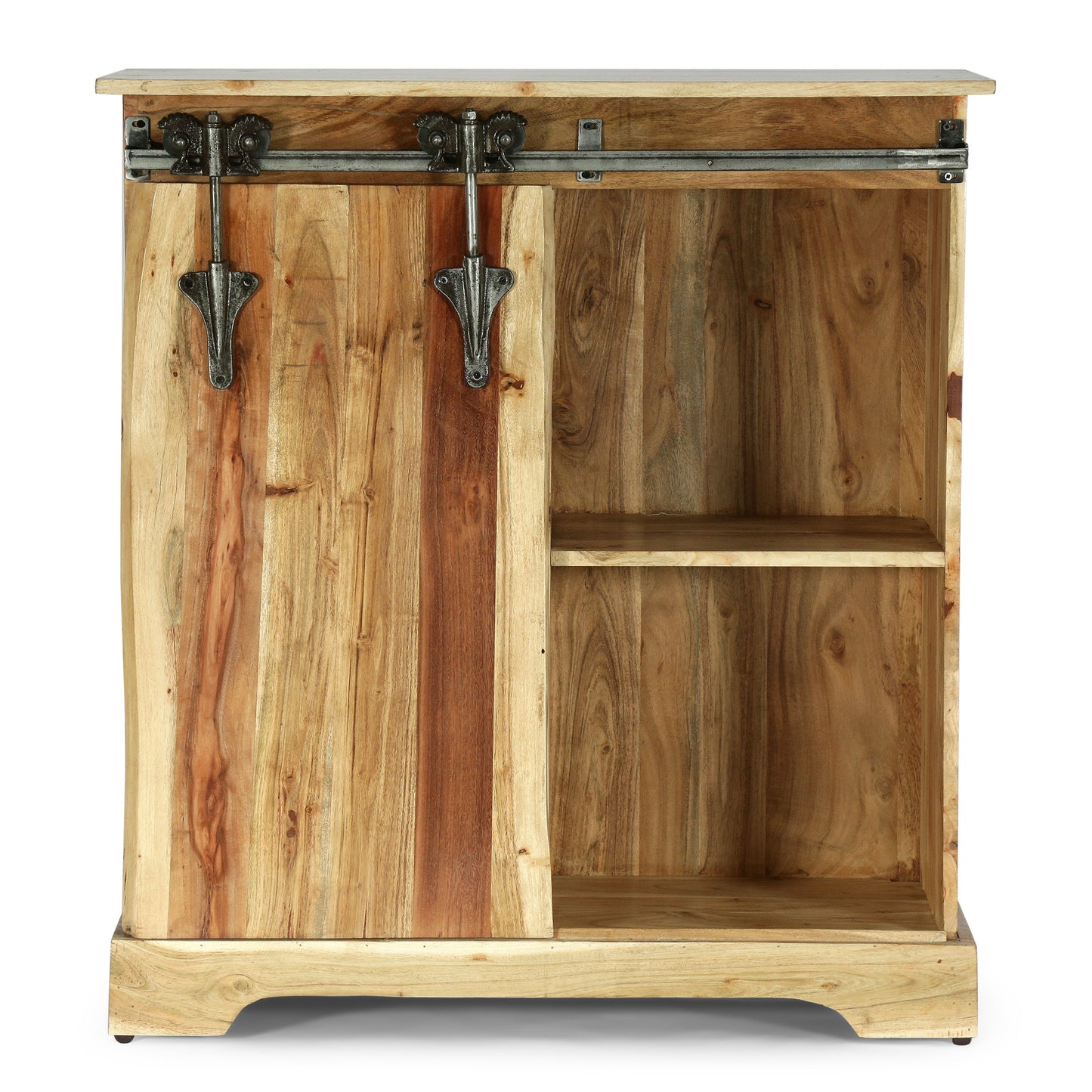 Veatch Modern Industrial Handcrafted Acacia Wood Live Edge Cabinet with Sliding Door, Natural and Black