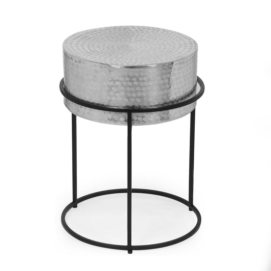 Kolczak Modern Handcrafted Aluminum Round Side Table, Silver and Black
