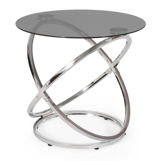 Hearney Modern Glass Top Round Side Table, Gray and Chrome