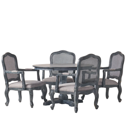 Absaroka French Country Fabric Upholstered Wood and Cane 5 Piece Circular Dining Set