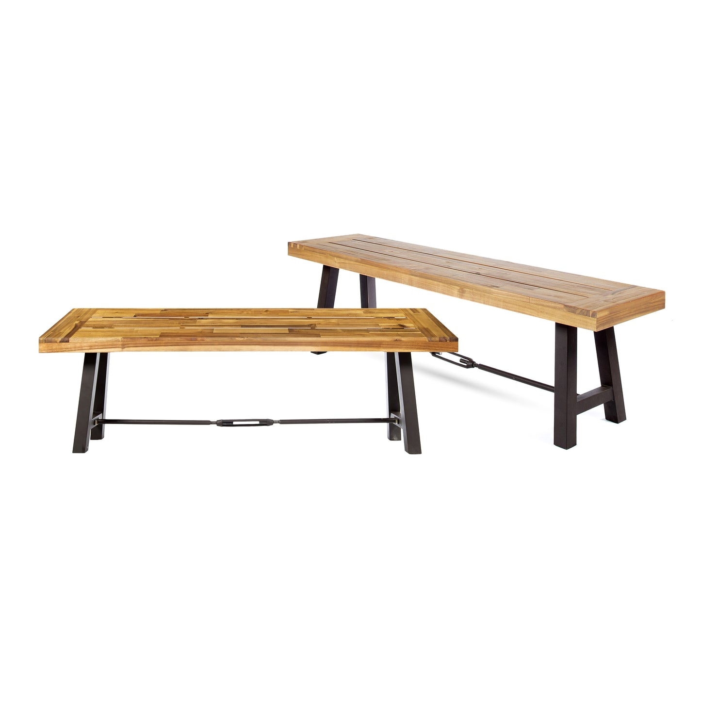 Rosario Outdoor Acacia Wood Dining Benches, Set of 2, Teak and Rustic Metal