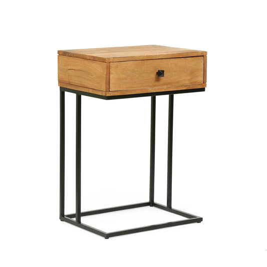 Wickson Modern Industrial Handmade Mango Wood C-Shaped Side Table with Drawer, Natural and Black