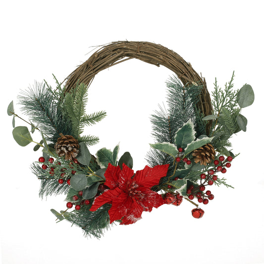Potvin 23.5" Eucalyptus Artificial Half Wreath with Poinsettia and Berries, Green and Red