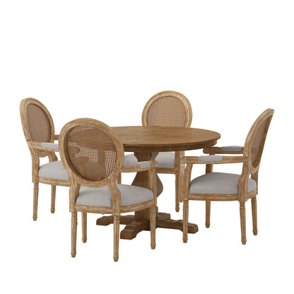 Bryan French Country Fabric Upholstered Wood and Cane 5 Piece Circular Dining Set