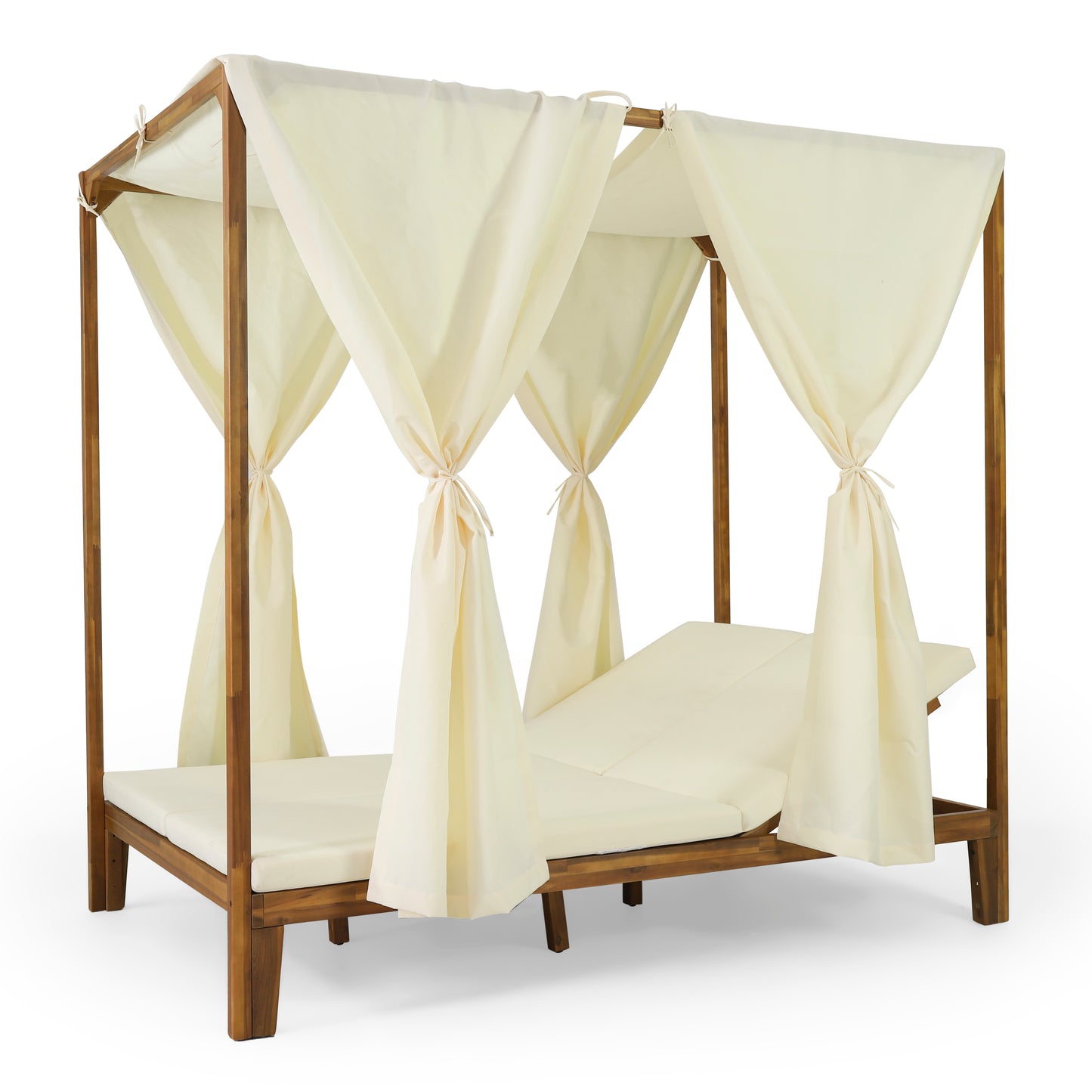 Leaverton Outdoor 2 Seater Adjustable Acacia Wood Daybed with Curtains