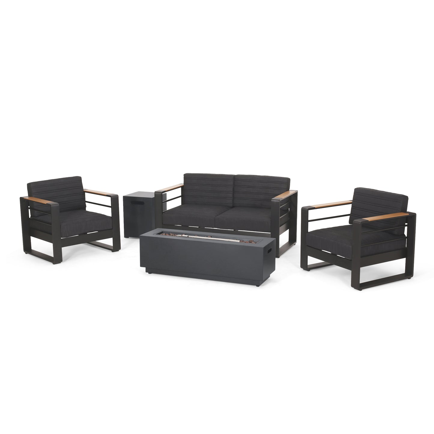 Hooven Outdoor Aluminum 4 Seater Chat Set with Fire Pit, Black, Natural, and Dark Gray