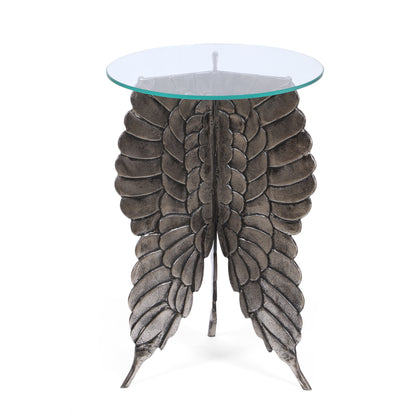Hardt Boho Glam Handcrafted Aluminum Fairy Wing Accent Table with Glass Top, Antique Nickel