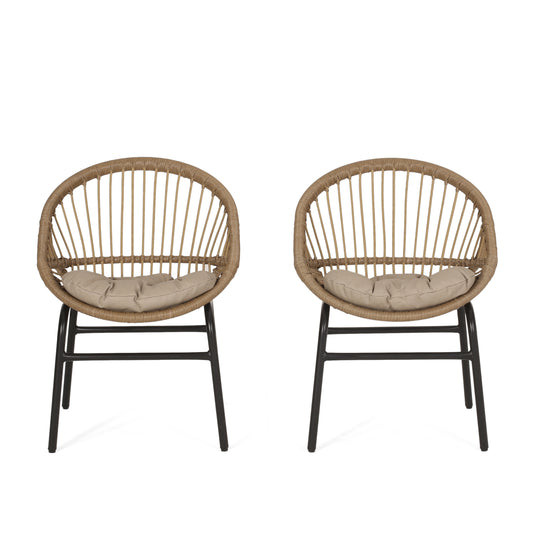 Dero Outdoor Wicker Dining Chairs with Cushion, Set of 2, Light Brown and Beige
