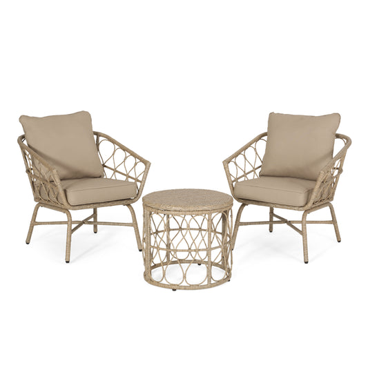 Colmar Outdoor Wicker 3 Piece Chat Set with Cushions, Light Brown and Beige