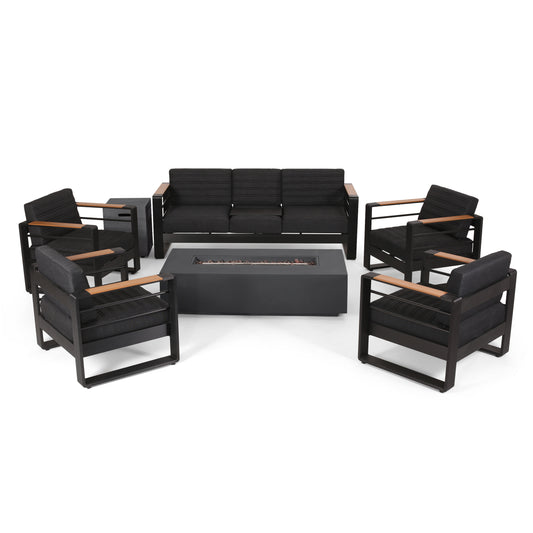 Neffs Outdoor Aluminum 7 Seater Chat Set with Fire Pit, Black, Natural, and Dark Gray