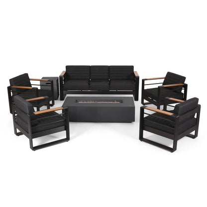 Neffs Outdoor Aluminum 7 Seater Chat Set with Fire Pit, Black, Natural, and Dark Gray