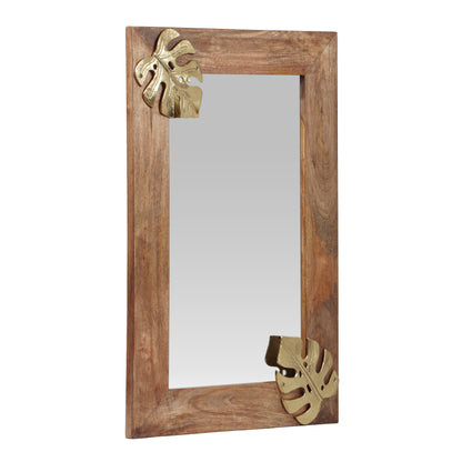 Greenler Boho Handcrafted Rectangular Mango Wood Wall Mirror, Natural and Antique Gold